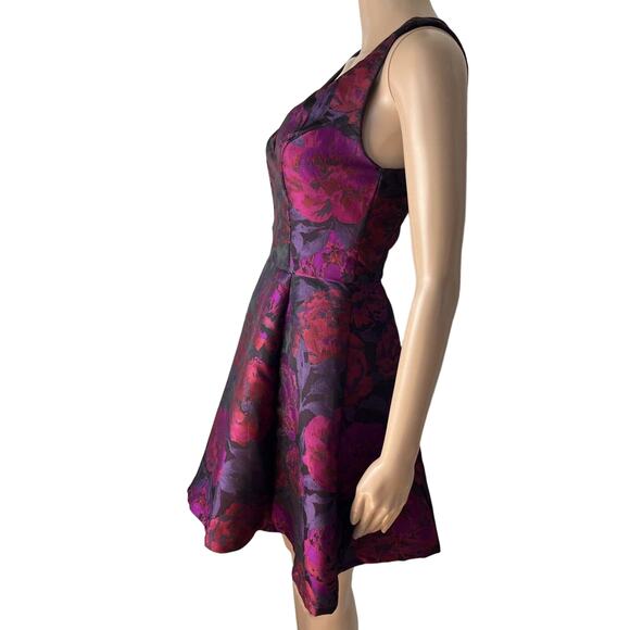 Aqua Floral A-Line Brocade Purple Floral Print Party Dress - Picture 3 of 10